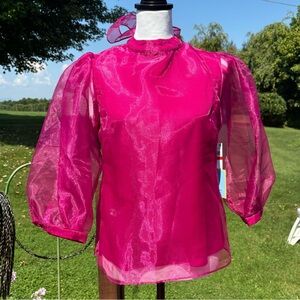 -CeCe Fuchsia Pink NWT 3/4 Sheer Puff Sleeve Crop Blouse Organza Holiday XS
